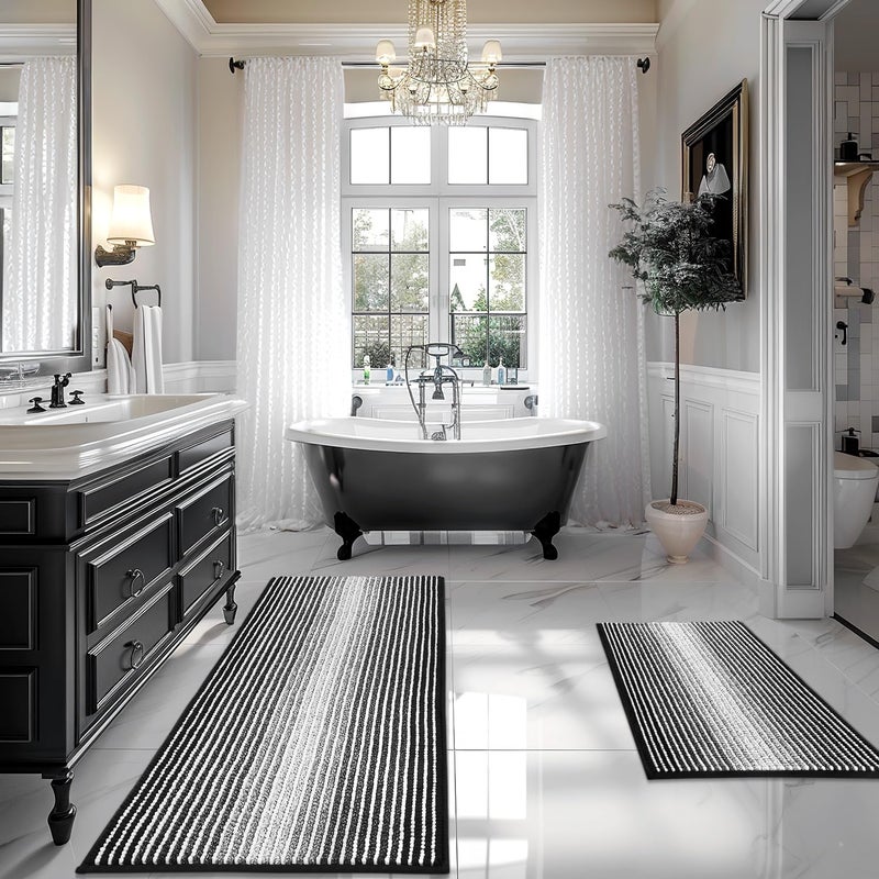 BSICPRO Bathroom Rugs and Mats Sets, 2 Piece Thick Absorbent Chenille Bath Mat Rug Set Non Slip, Soft Shaggy Bath Room Floor Mats for Bathroom, Machine Washable (Black, 20" x 47" Plus 20" x 32") - Image 1
