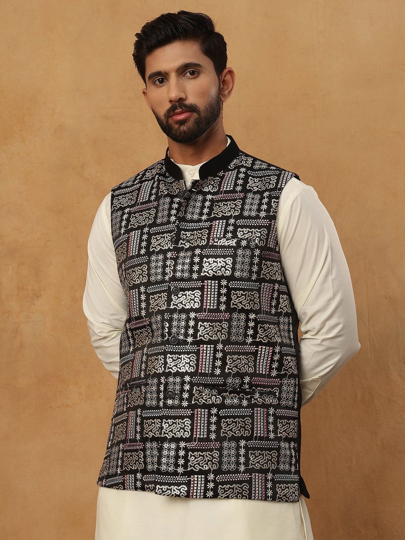 NOZ2TOZ Men's Black Silk Blend Embroidered Nehru Jacket - Image 1
