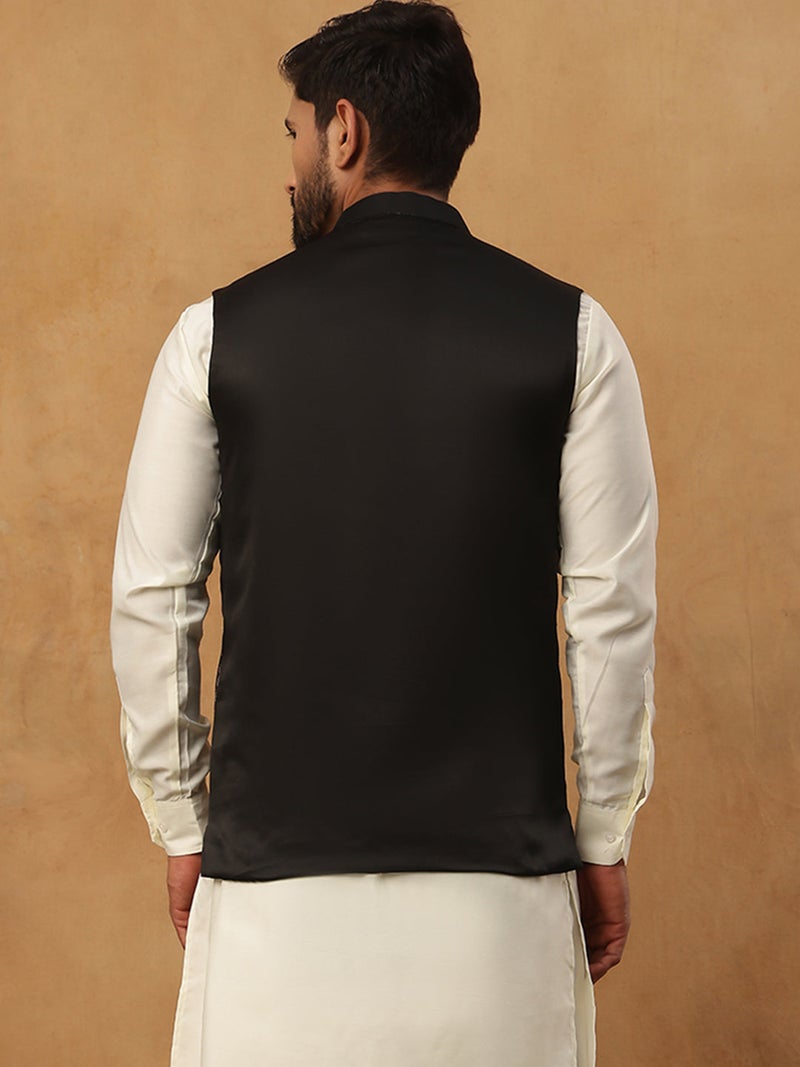 NOZ2TOZ Men's Black Silk Blend Embroidered Nehru Jacket - Image 2