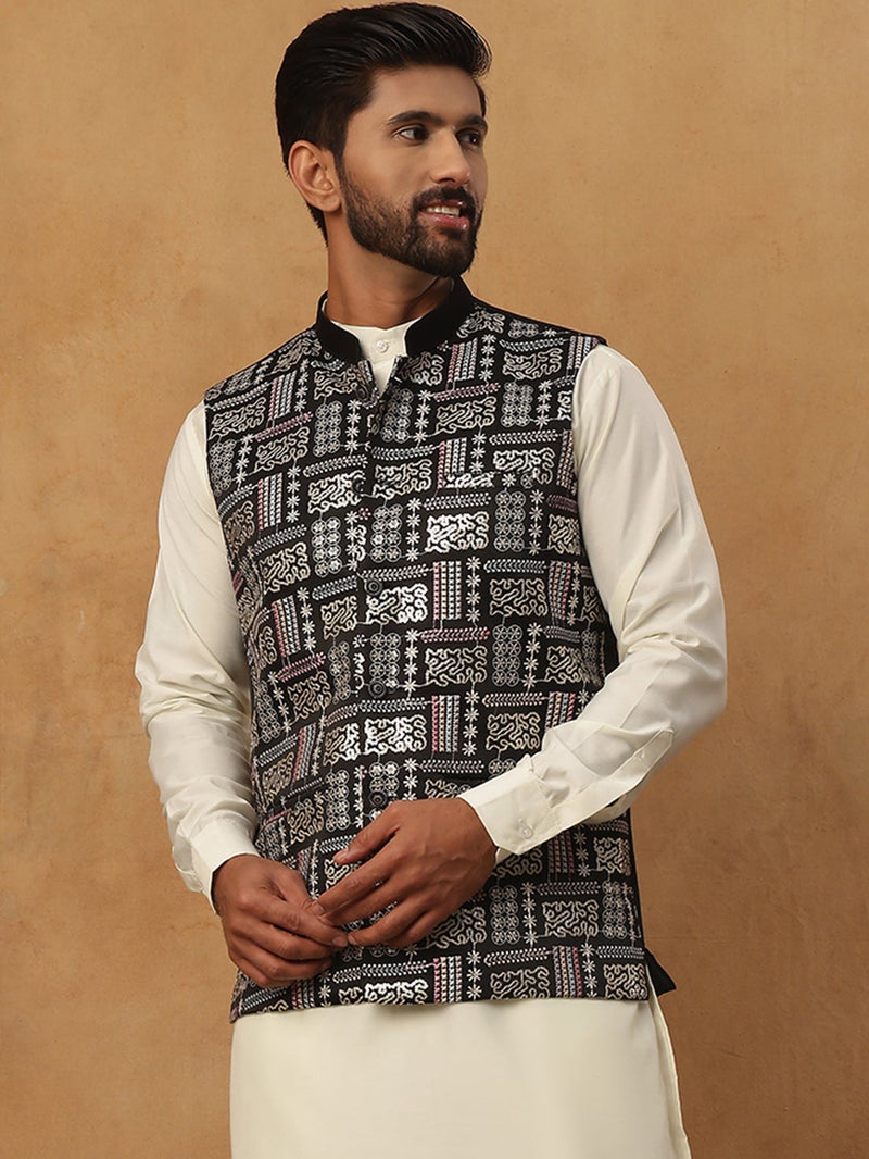 NOZ2TOZ Men's Black Silk Blend Embroidered Nehru Jacket - Image 5