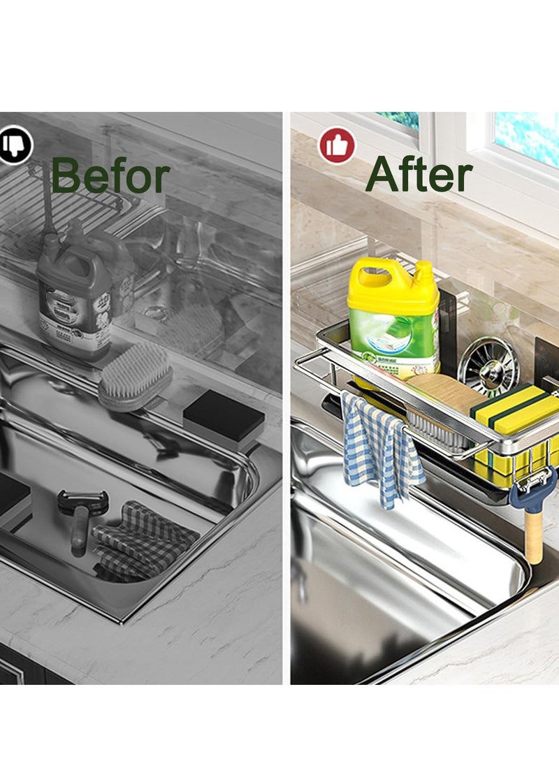 Hihonor 4 in 1 Space Aluminum Adhesive Sponge Holder, Kitchen Sink Caddy Organizer Dish Brush Holders, 2 Hooks + Dish Cloth Rod + Big Capacity Rack + Removable Drain Tray  - Image 4