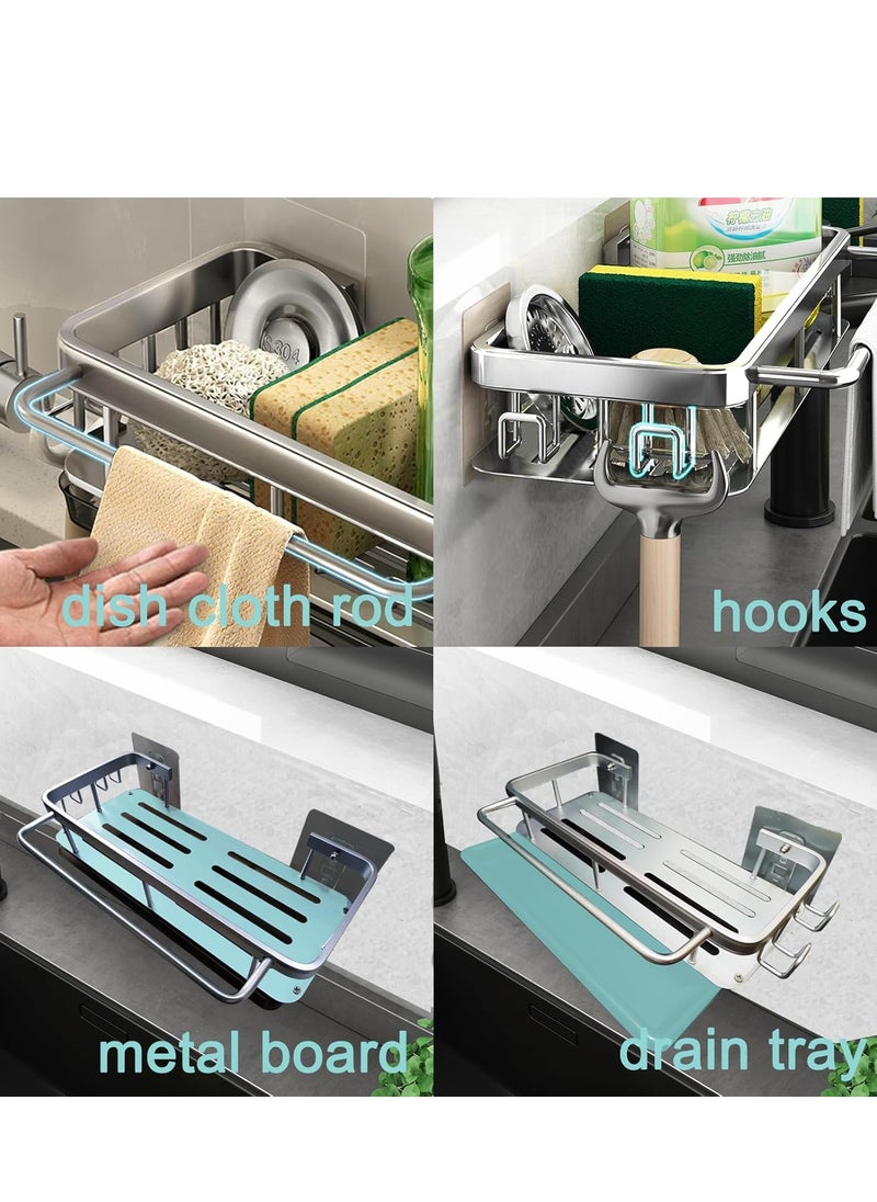 Hihonor 4 in 1 Space Aluminum Adhesive Sponge Holder, Kitchen Sink Caddy Organizer Dish Brush Holders, 2 Hooks + Dish Cloth Rod + Big Capacity Rack + Removable Drain Tray  - Image 2