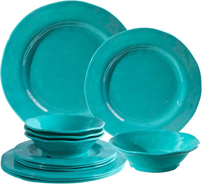 LEHAHA LEHAHA BPAFree Melamine Dinnerware Sets 12 Piece Melamine Plastic Plate  Bowl Set Camping Dishes Set Ideal for Indoor and Outdoor Use Dishwasher safe Service for 4 Teal - Image 1