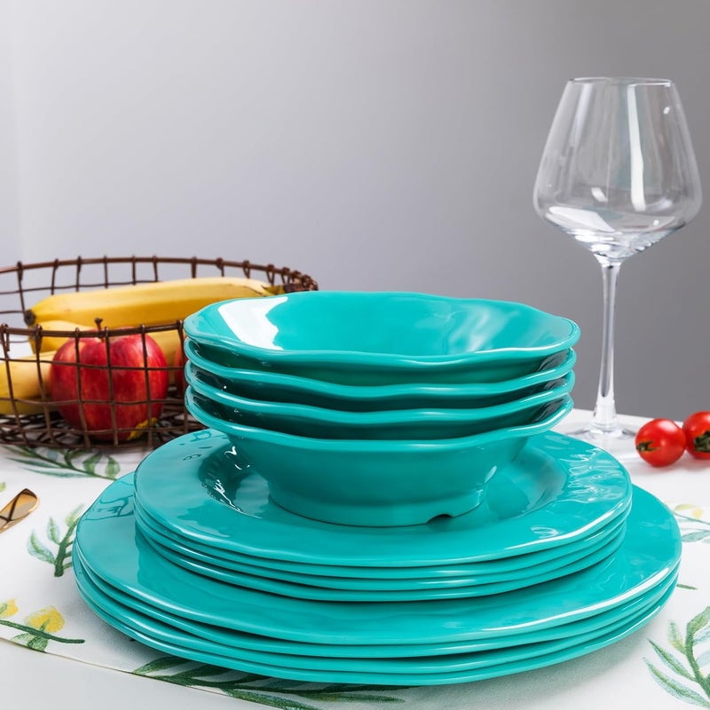 LEHAHA LEHAHA BPAFree Melamine Dinnerware Sets 12 Piece Melamine Plastic Plate  Bowl Set Camping Dishes Set Ideal for Indoor and Outdoor Use Dishwasher safe Service for 4 Teal - Image 5