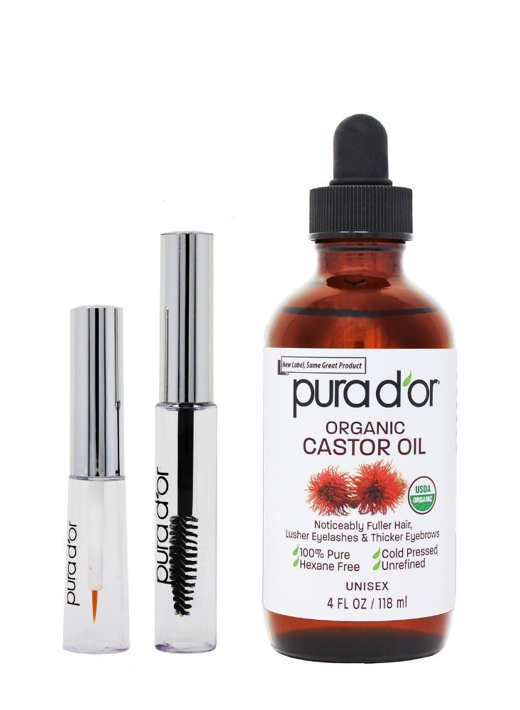 Pura d'or Pure and Organic Castor Oil with Bonus Brush Set - 100 ml