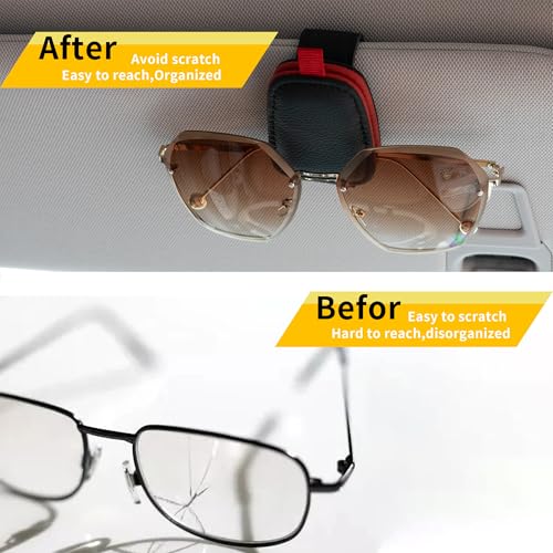 Yuoyar Sunglass Holder for Car, Magnetic Leather Sunglasses Holder and Ticket Card Clip, Car Visor Accessories, 2 Packs (Black-red) - Image 3