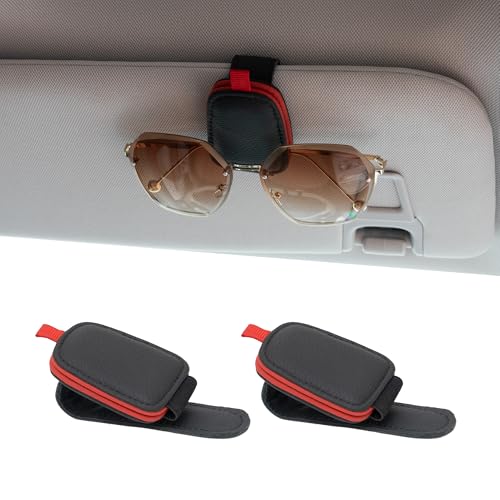 Yuoyar Sunglass Holder for Car, Magnetic Leather Sunglasses Holder and Ticket Card Clip, Car Visor Accessories, 2 Packs (Black-red) - Image 1