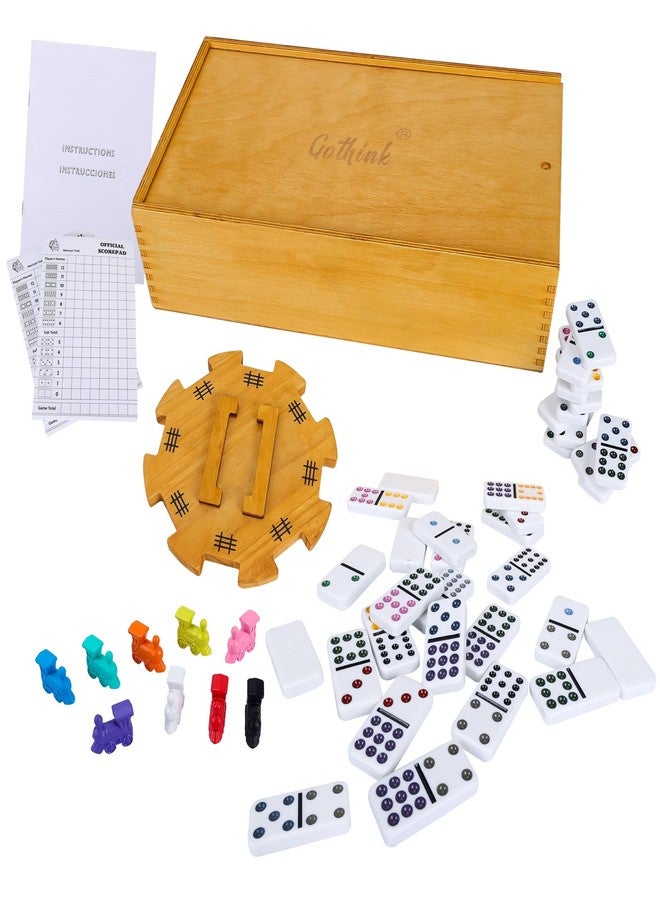 GOTHINK Mexican Train Dominoes Set, Double 12 Dominos Set for Kids Adults and Family, Dominoes Tile Board Game with Tiles Holders*8, Colorful Metal Trains*9, Wooden Hub, Scoreboards*2, Wooden Case - Image 5