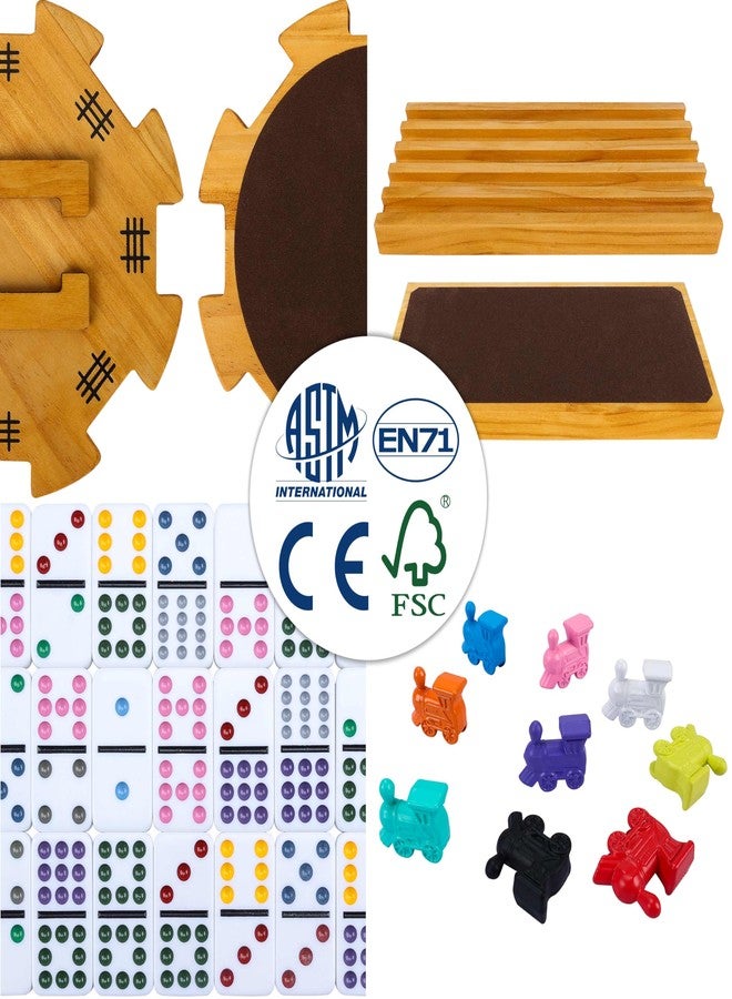 GOTHINK Mexican Train Dominoes Set, Double 12 Dominos Set for Kids Adults and Family, Dominoes Tile Board Game with Tiles Holders*8, Colorful Metal Trains*9, Wooden Hub, Scoreboards*2, Wooden Case - Image 4