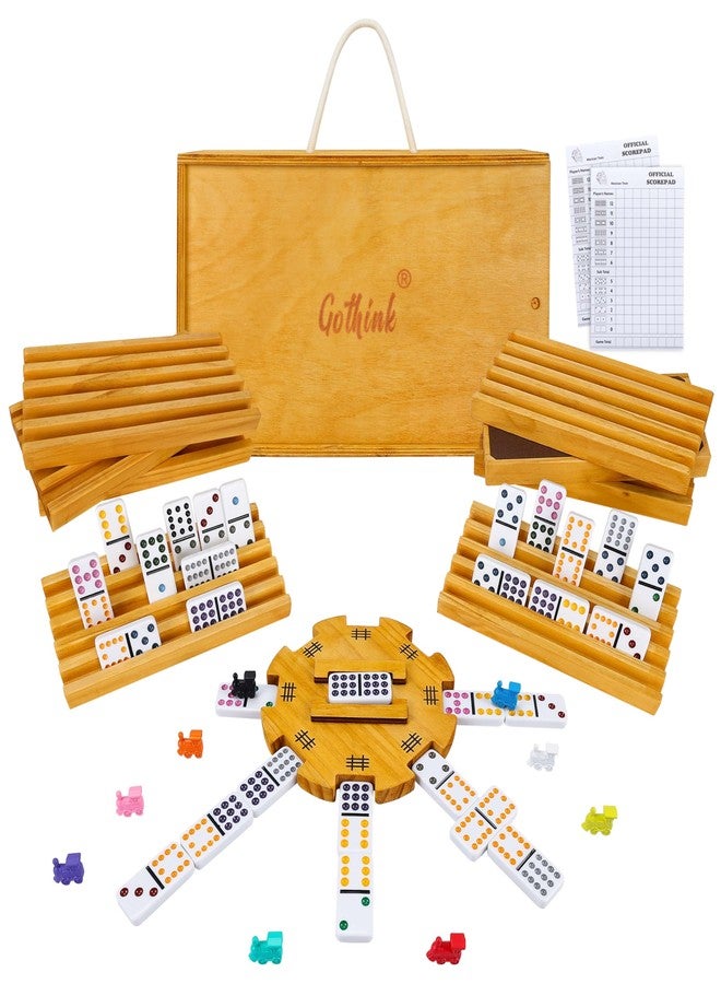 GOTHINK Mexican Train Dominoes Set, Double 12 Dominos Set for Kids Adults and Family, Dominoes Tile Board Game with Tiles Holders*8, Colorful Metal Trains*9, Wooden Hub, Scoreboards*2, Wooden Case - Image 1