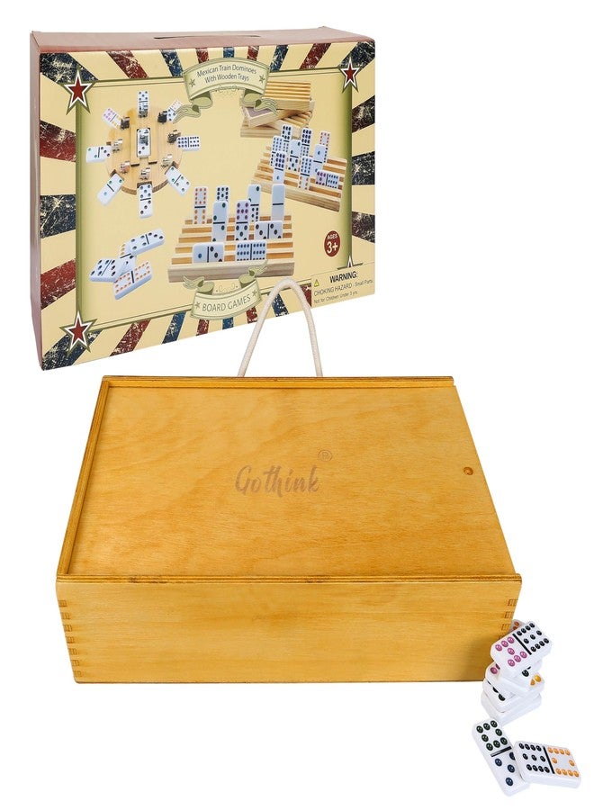 GOTHINK Mexican Train Dominoes Set, Double 12 Dominos Set for Kids Adults and Family, Dominoes Tile Board Game with Tiles Holders*8, Colorful Metal Trains*9, Wooden Hub, Scoreboards*2, Wooden Case - Image 3