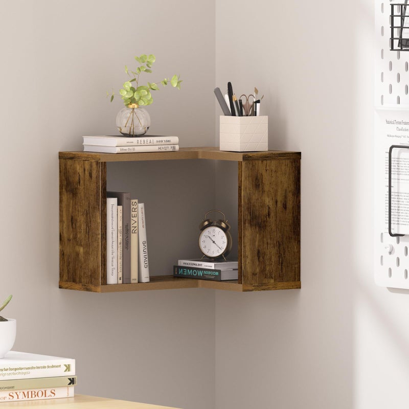 Atoping Floating Corner Shelf, 2-Tier Floating Shelf for Wall, Wood Floating Book Shelf for Living Room, Bedroom, Bathroom, Home Office, Rustic Brown - Image 1