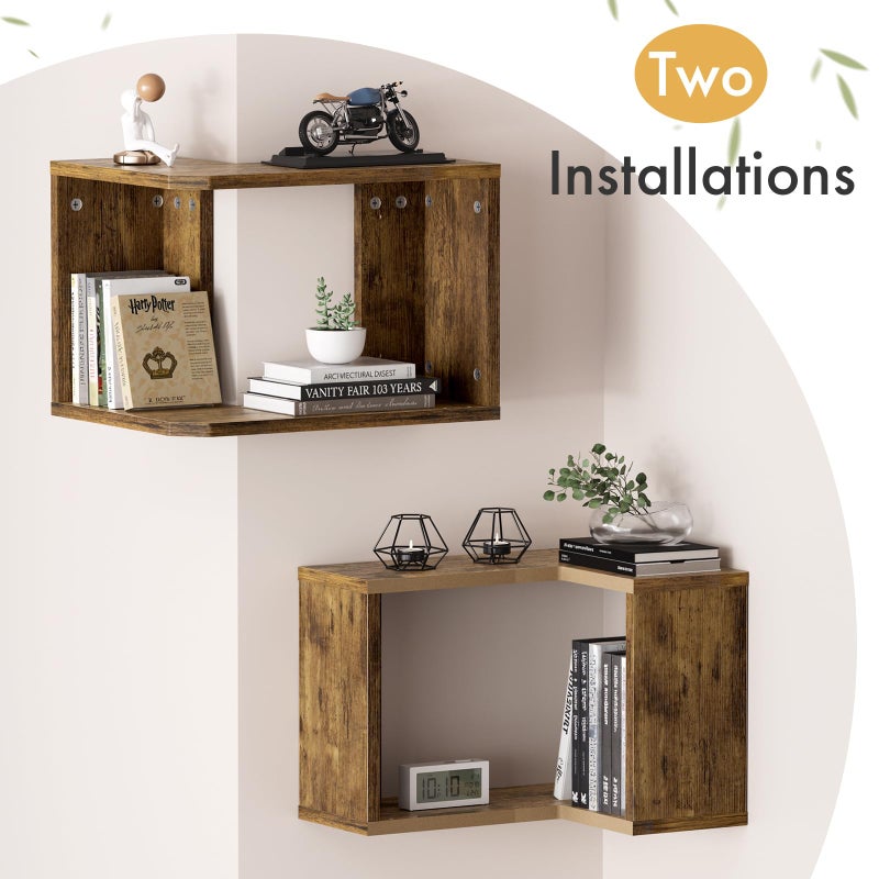 Atoping Floating Corner Shelf, 2-Tier Floating Shelf for Wall, Wood Floating Book Shelf for Living Room, Bedroom, Bathroom, Home Office, Rustic Brown - Image 4