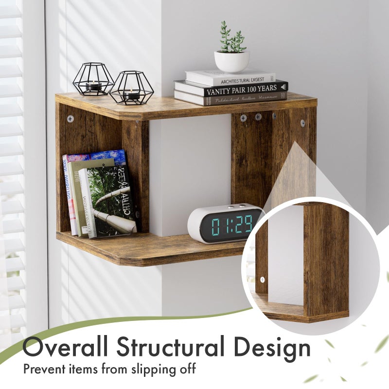Atoping Floating Corner Shelf, 2-Tier Floating Shelf for Wall, Wood Floating Book Shelf for Living Room, Bedroom, Bathroom, Home Office, Rustic Brown - Image 3