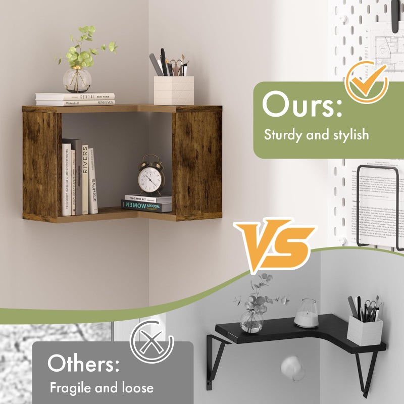 Atoping Floating Corner Shelf, 2-Tier Floating Shelf for Wall, Wood Floating Book Shelf for Living Room, Bedroom, Bathroom, Home Office, Rustic Brown - Image 5