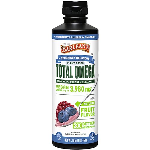BARLEAN'S Barleans Liquid Flaxseed Borage and Algae Oils Omega 3 Supplement Pomegranate Blueberry Flavor Vegan EPA and DHA Flax and Borage Seed Oil with 3980 mg of Omega369 16 oz