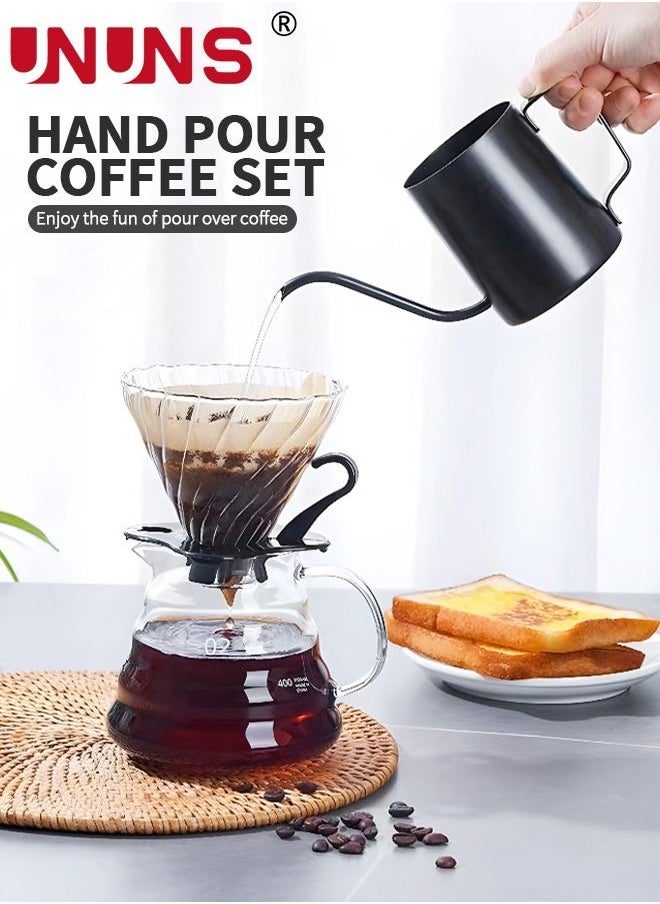 UNUNS - Pour Over Coffee Maker Set Includes 600ml Coffee Kettle, Manual Coffee Grinder, Coffee Scale，Coffee Dripper & Glass Server with 100 Pcs Paper Filter for Pour Over Coffee - Image 1