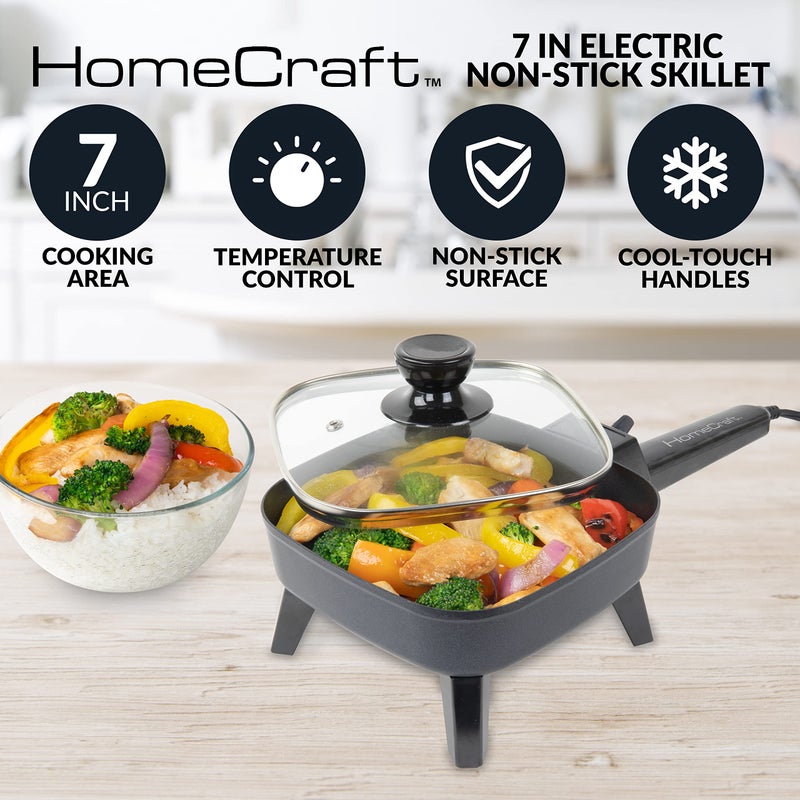 HomeCraft 7-Inch Electric Non-Stick Skillet, Adjustable Temperature Control, Cool-Touch Handle with Tempered Glass Lid, Perfect For Healthy Keto & Low-Carb Diets, Rice Bowls, & Eggs - Image 2