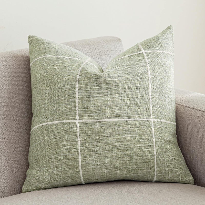 vctops Rustic Lattice Cotton Linen Decorative Throw Pillow Cover Embroidery Square Cushion Cover Pillowcase for Sofa Bedroom Couch (Plaid Green, 24"x24") - Image 1