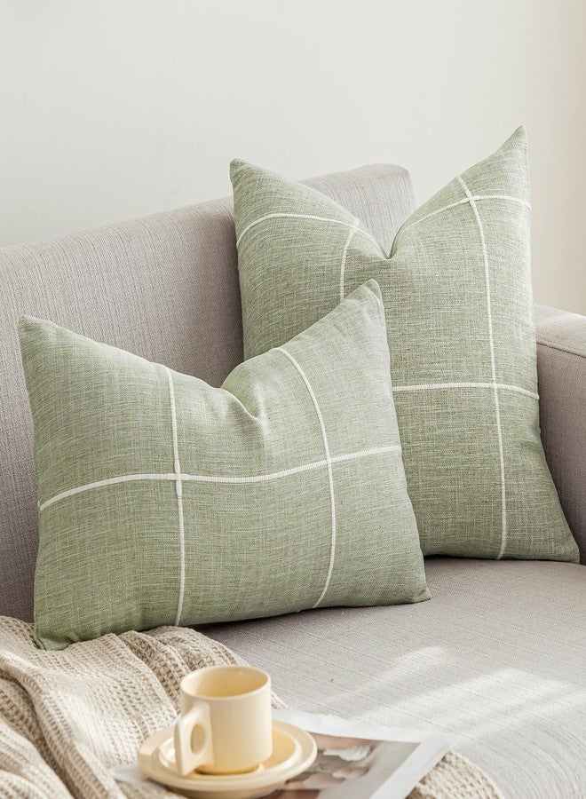 vctops Rustic Lattice Cotton Linen Decorative Throw Pillow Cover Embroidery Square Cushion Cover Pillowcase for Sofa Bedroom Couch (Plaid Green, 24"x24") - Image 2