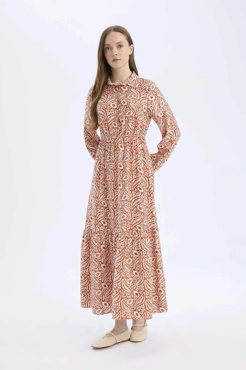 ديفاكتو Shirt Collar Patterned Long Sleeve Maxi Dress