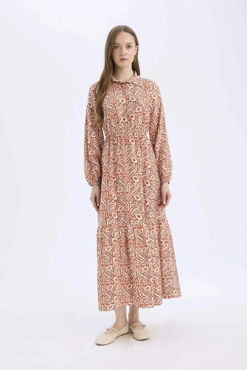 ديفاكتو Shirt Collar Patterned Long Sleeve Maxi Dress