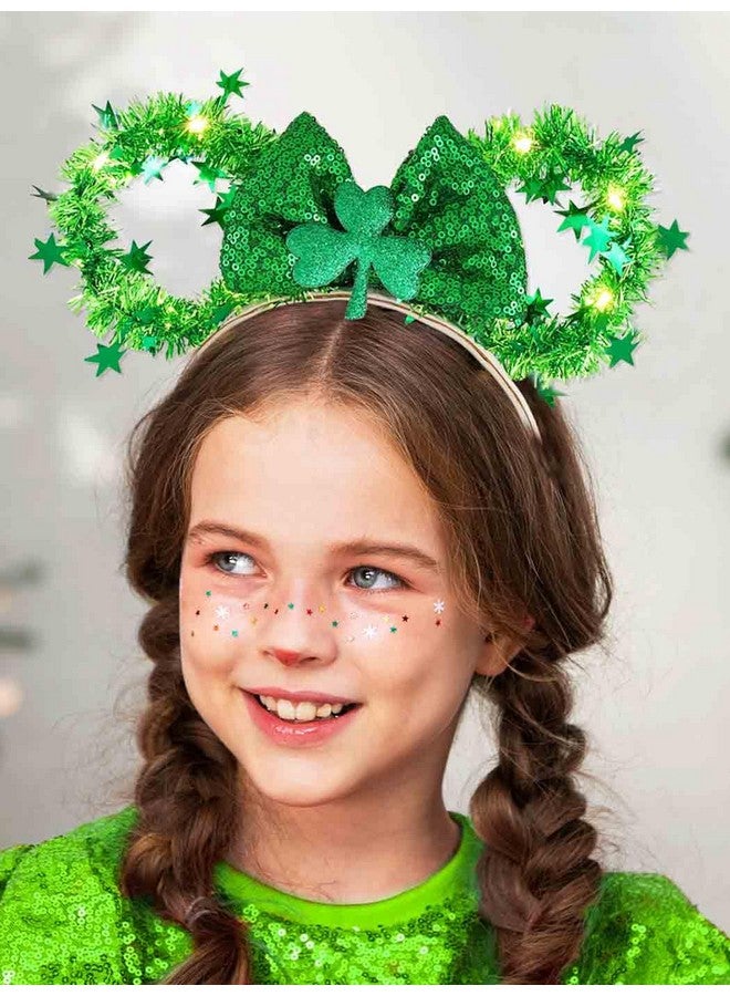 CASDRE Light Up St. Patrick'S Day Headband Green Mouse Ear Headbands Shamrock Bow Headwear Sparkly Irish Hair Accessories For Women And Girls - Image 3