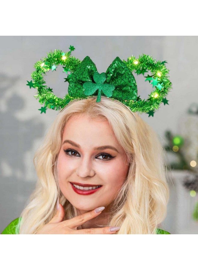 CASDRE Light Up St. Patrick'S Day Headband Green Mouse Ear Headbands Shamrock Bow Headwear Sparkly Irish Hair Accessories For Women And Girls - Image 2