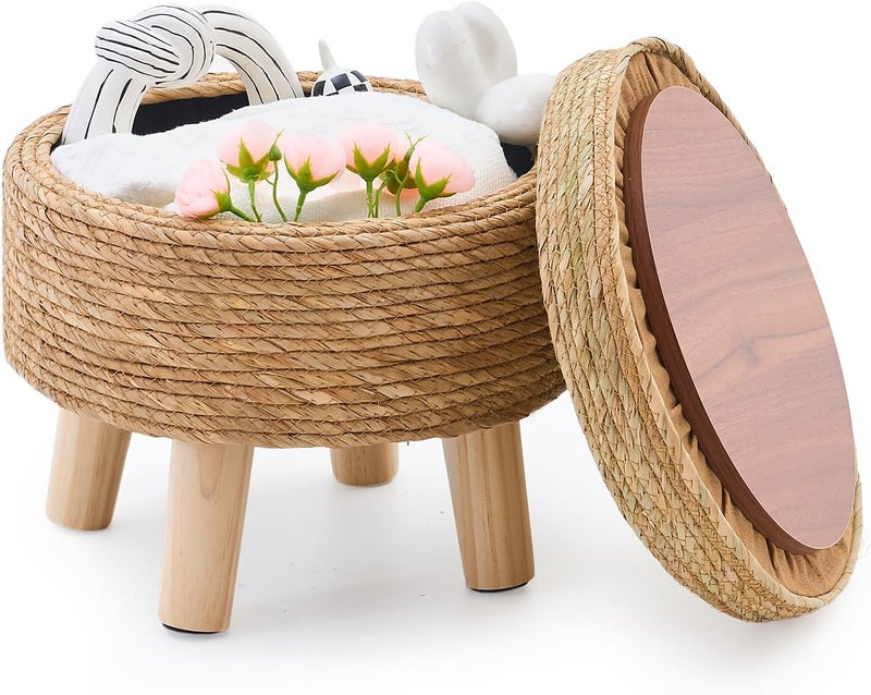 Cpintltr Storage Ottoman Poufs Handwoven Footstool Natural Seagrass Round Footrest Stool with 4 Wood Legs Soft Padded Outdoor Seat for Hallway Lounge Bedroom Garden - Image 1