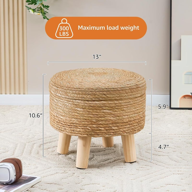 Cpintltr Storage Ottoman Poufs Handwoven Footstool Natural Seagrass Round Footrest Stool with 4 Wood Legs Soft Padded Outdoor Seat for Hallway Lounge Bedroom Garden - Image 3