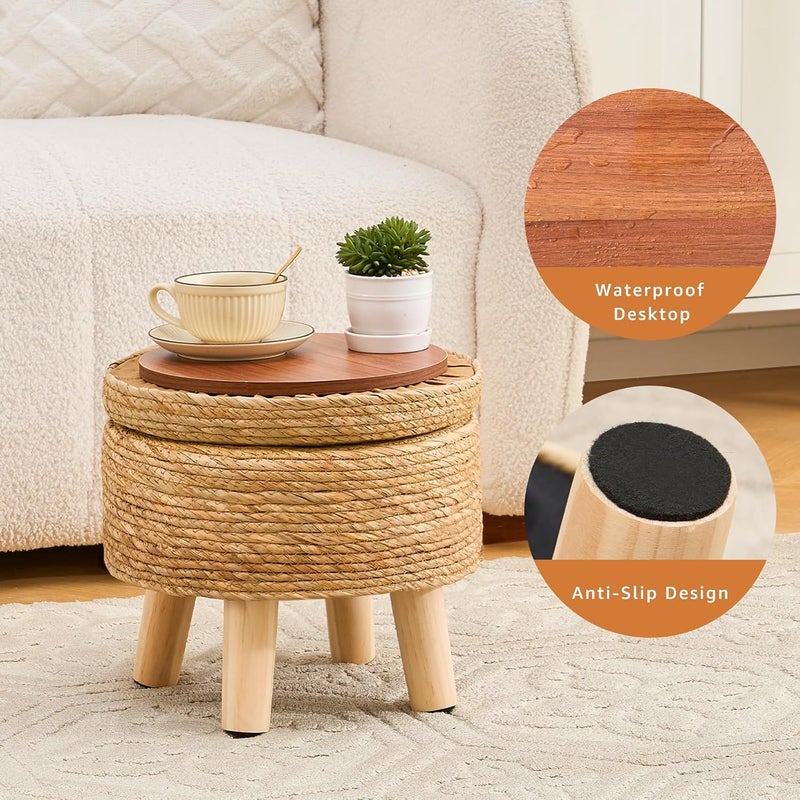 Cpintltr Storage Ottoman Poufs Handwoven Footstool Natural Seagrass Round Footrest Stool with 4 Wood Legs Soft Padded Outdoor Seat for Hallway Lounge Bedroom Garden - Image 5