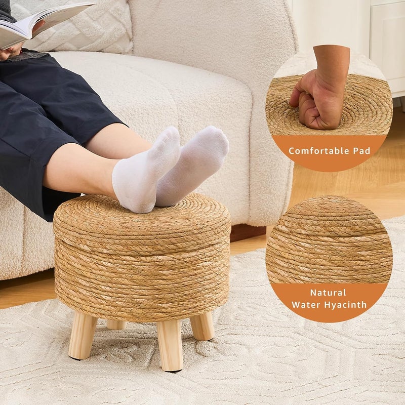 Cpintltr Storage Ottoman Poufs Handwoven Footstool Natural Seagrass Round Footrest Stool with 4 Wood Legs Soft Padded Outdoor Seat for Hallway Lounge Bedroom Garden - Image 4