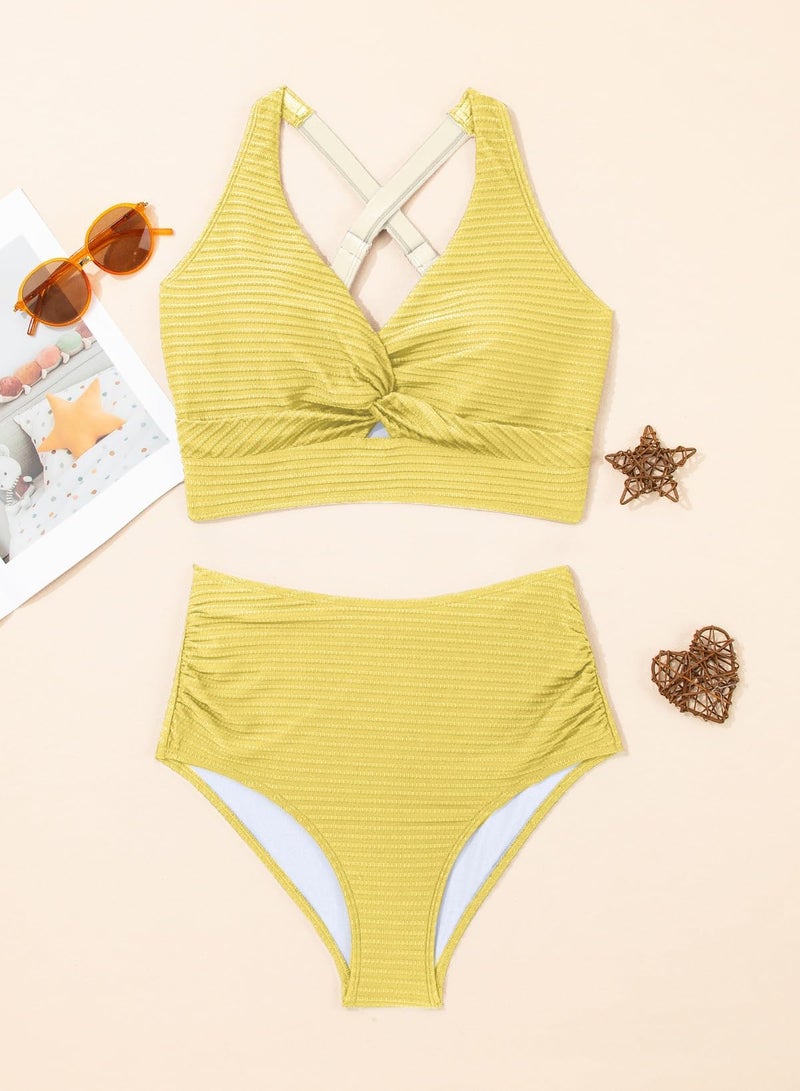 Herseas Womens Textured Bikini Set Twist Front Swim Suits High Waisted Tummy Control Push Up Bikini Top Full Coverage Bottom 2 Piece Bathing Suits Yellow Vintage Holiday Outfits Medium - Image 5