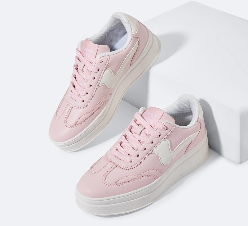 LUCKY STEP Women's Platform Fashion Sneakers Thick Sole Suede Faux Leather Classic Rubber Gum Sole Low Top Casual Walking Shoes(Pink/White,8 B(M) US) - Image 5