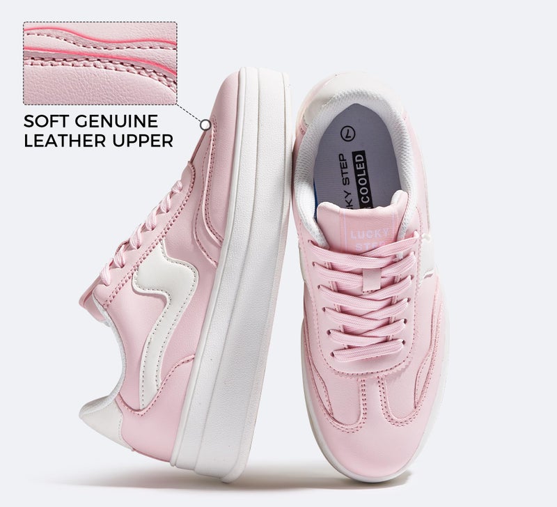 LUCKY STEP Women's Platform Fashion Sneakers Thick Sole Suede Faux Leather Classic Rubber Gum Sole Low Top Casual Walking Shoes(Pink/White,8 B(M) US) - Image 3