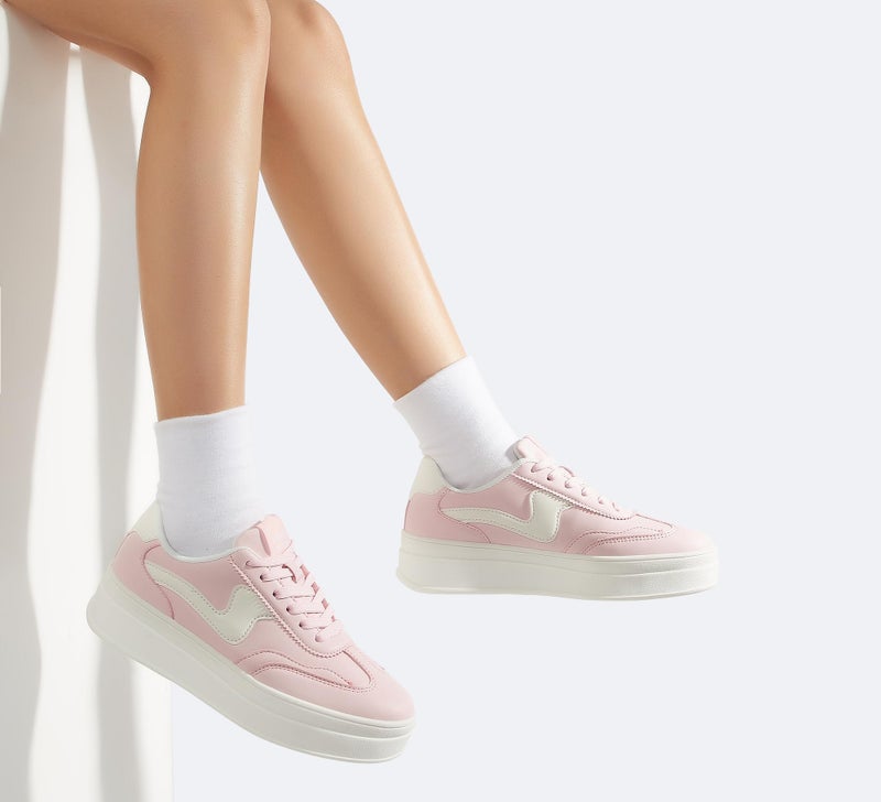 LUCKY STEP Women's Platform Fashion Sneakers Thick Sole Suede Faux Leather Classic Rubber Gum Sole Low Top Casual Walking Shoes(Pink/White,8 B(M) US) - Image 2
