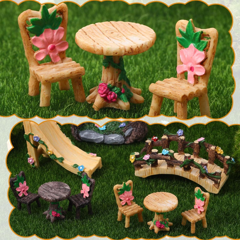GGSTDDUP 9 Pcs Fairy Garden Accessories - Miniature Garden Kit Landscape Decorations Table and Chairs Set Fairy Garden Furniture Ornaments Bridge Flower Slide Figurine for Terrarium Potted Plants, Dollhouse - Image 3