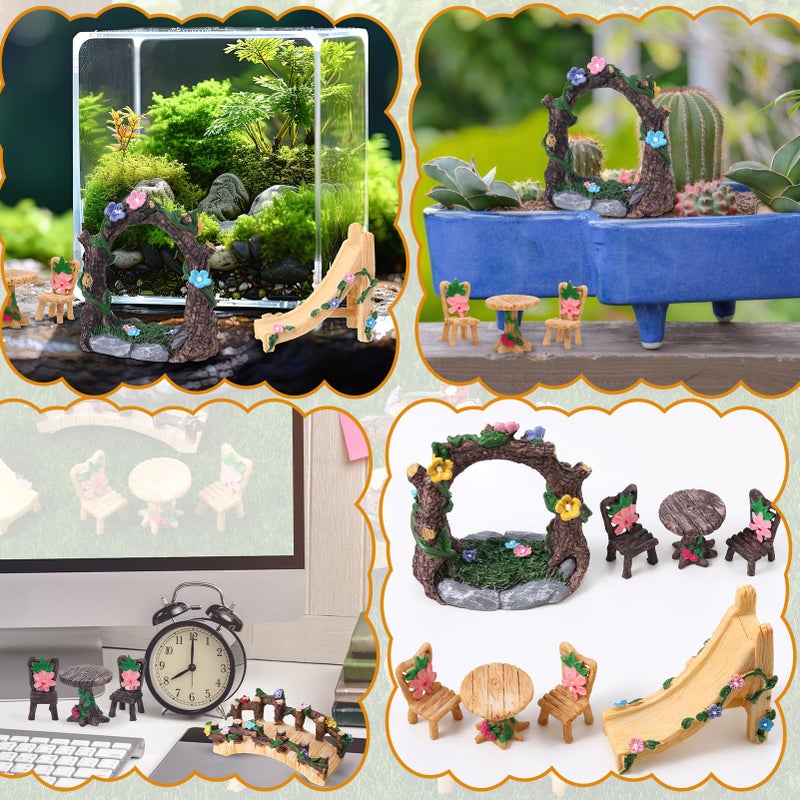 GGSTDDUP 9 Pcs Fairy Garden Accessories - Miniature Garden Kit Landscape Decorations Table and Chairs Set Fairy Garden Furniture Ornaments Bridge Flower Slide Figurine for Terrarium Potted Plants, Dollhouse - Image 4
