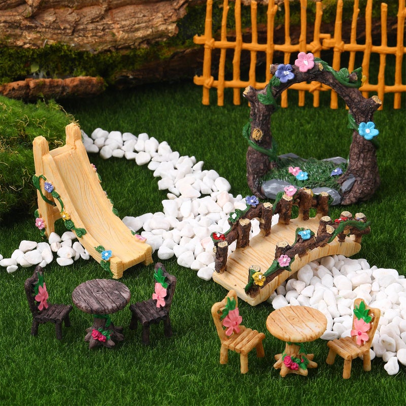 GGSTDDUP 9 Pcs Fairy Garden Accessories - Miniature Garden Kit Landscape Decorations Table and Chairs Set Fairy Garden Furniture Ornaments Bridge Flower Slide Figurine for Terrarium Potted Plants, Dollhouse - Image 5