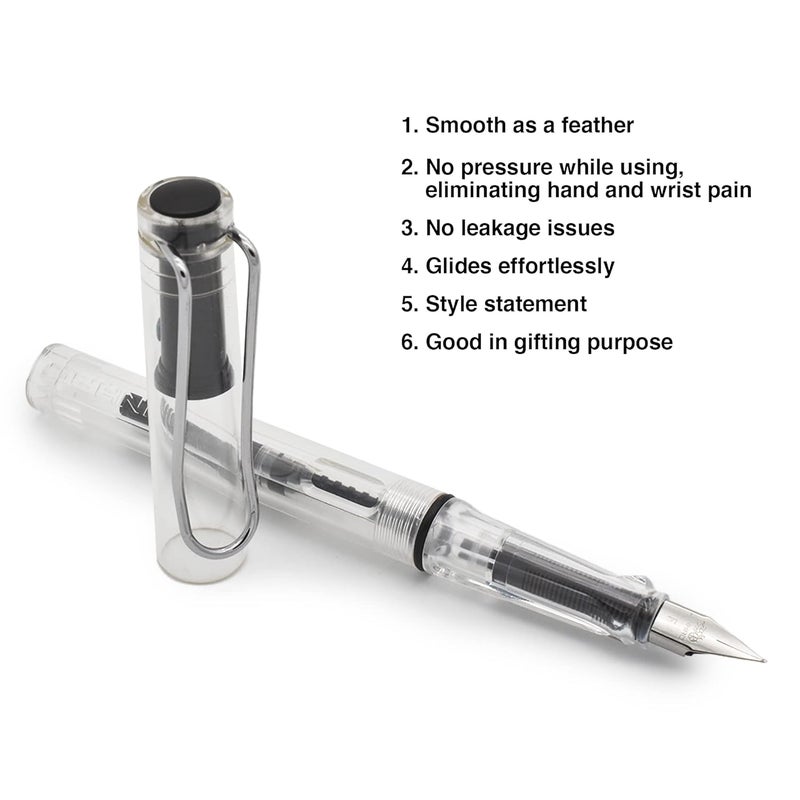 BUZZ COOL White Transparent Fountain Ink Pen With Ink Converter Pump | Clear Transparent Body Fountain Pen with Fine Nib(0.5mm) | Zero Ink Leakage Smooth Writing Ink Pen - Image 2