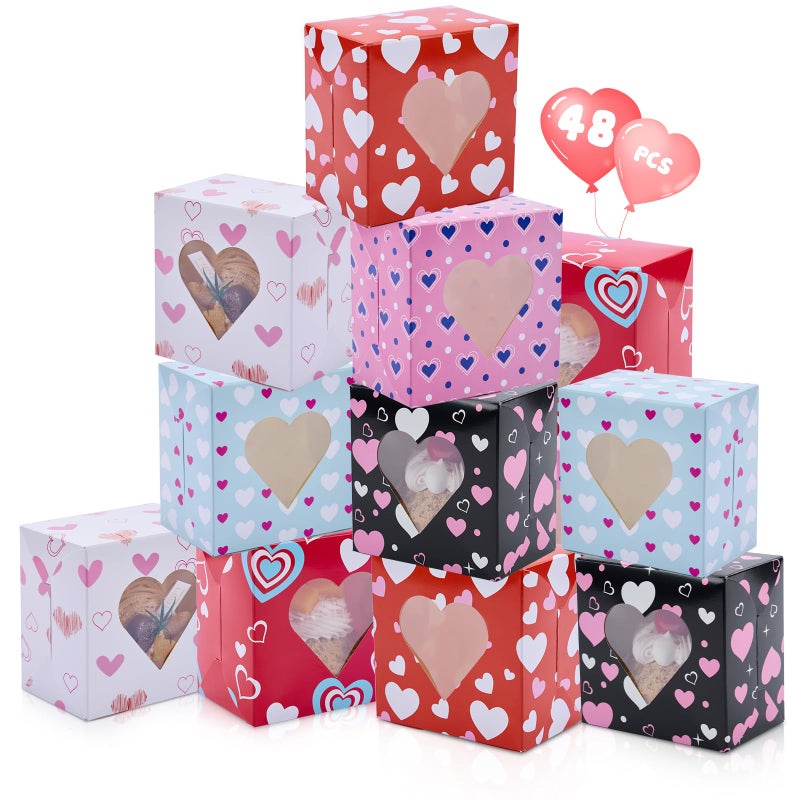 Galetcy 48 Pcs Valentine Treat Boxes, 4x4x2.5 Bakery Box with Window for Cookies, Pastries, Candy, Cupcakes, Donuts & Desserts, Party Gift Giving - Image 1