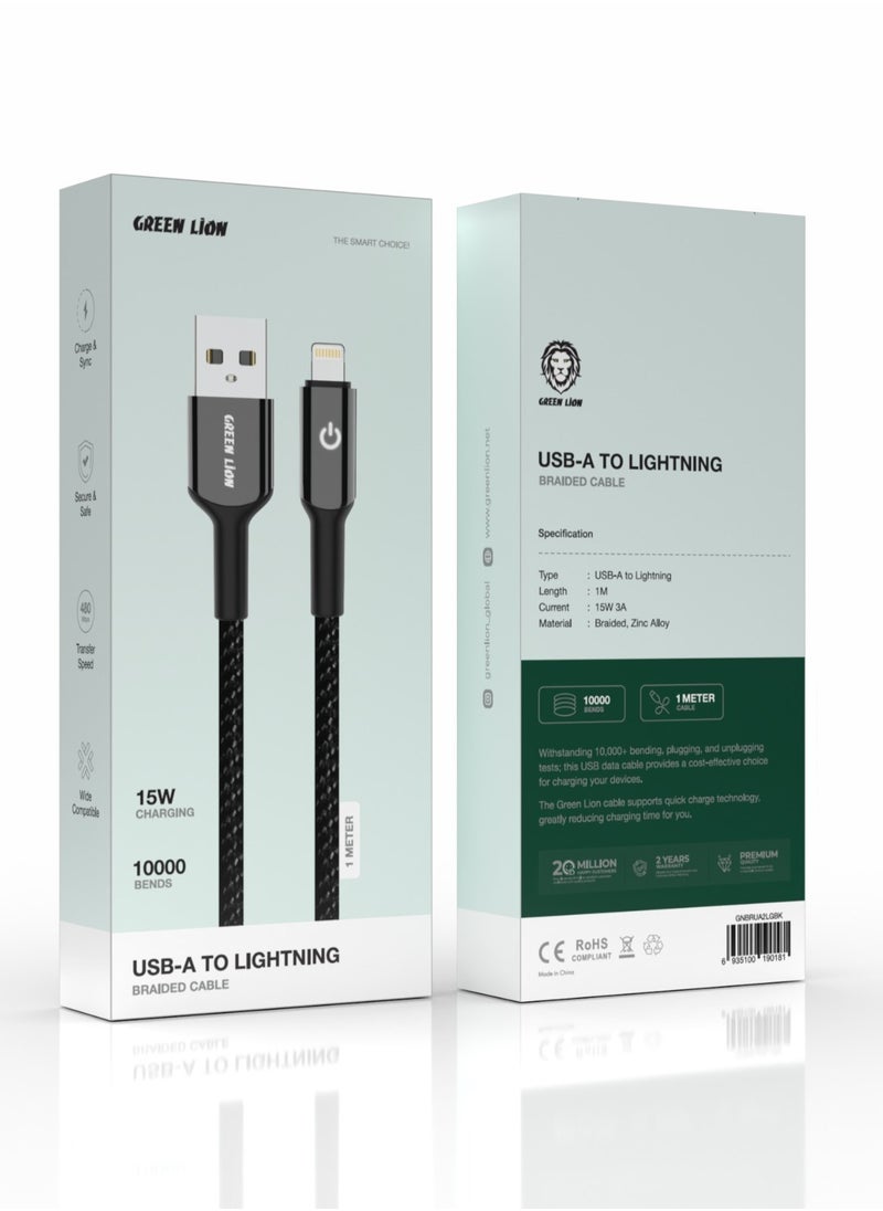 GREEN LION - USB-A to Lightning Braided Cable 15W/ High Transfer Speed / Wide Compatible / Auto Disconnect / Charge & Sync / LED Indicator / Secure & Safe / 1 Meter Cable / 10000 Bends - Black - Image 1