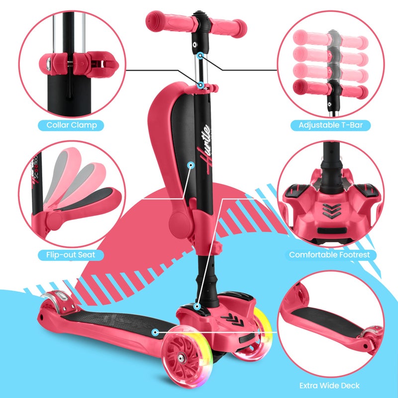 Hurtle 3 Wheeled Scooter for Kids 2-in-1 Sit/Stand Child Toddlers Toy Kick Scooters w/ Flip-out Seat, Adjustable Height, Wide Deck, Flashing Wheel Lights, For Boys/Girls 1 Year Old+ (Watermelon) - Image 4