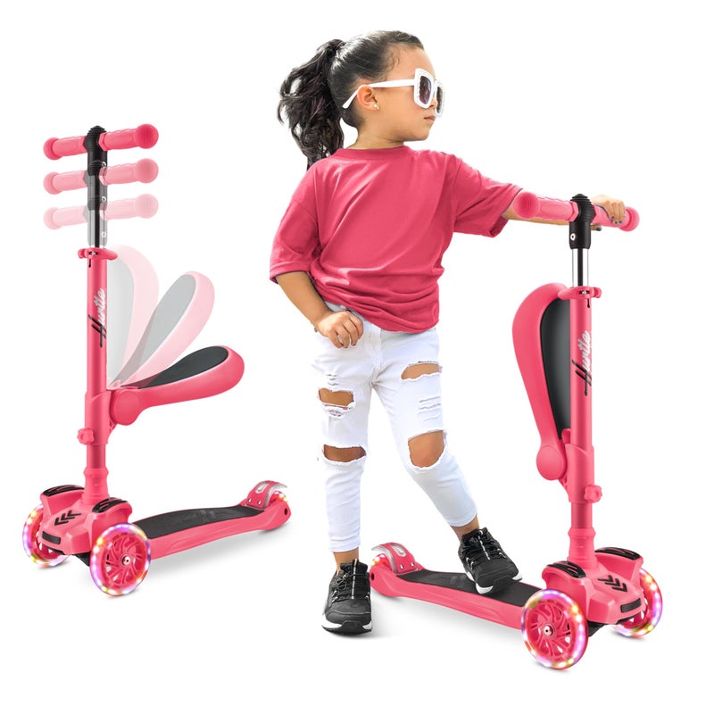 Hurtle 3 Wheeled Scooter for Kids 2-in-1 Sit/Stand Child Toddlers Toy Kick Scooters w/ Flip-out Seat, Adjustable Height, Wide Deck, Flashing Wheel Lights, For Boys/Girls 1 Year Old+ (Watermelon) - Image 1