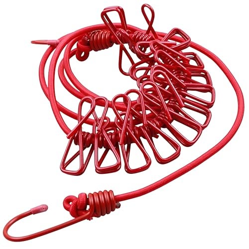 VERAT 1 Piece Cloth Drying Rope/Elastic Rope with Hook/12 Clip Elastic Hanging Rope/Stretchable/Clothesline/Portable Cloth Dryer/Kapde Sukhane Ki Rassi/Travel Home Outdoor(Multicolour), Red - Image 1