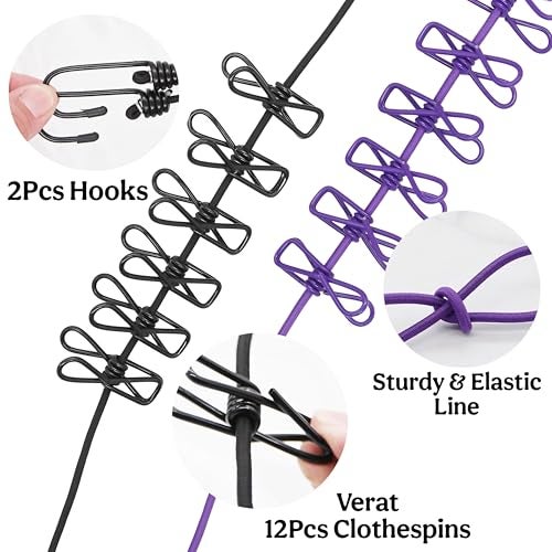 VERAT 1 Piece Cloth Drying Rope/Elastic Rope with Hook/12 Clip Elastic Hanging Rope/Stretchable/Clothesline/Portable Cloth Dryer/Kapde Sukhane Ki Rassi/Travel Home Outdoor(Multicolour), Red - Image 4