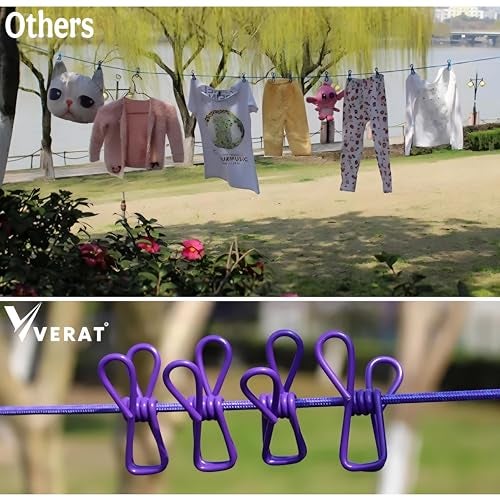 VERAT 1 Piece Cloth Drying Rope/Elastic Rope with Hook/12 Clip Elastic Hanging Rope/Stretchable/Clothesline/Portable Cloth Dryer/Kapde Sukhane Ki Rassi/Travel Home Outdoor(Multicolour), Red - Image 5