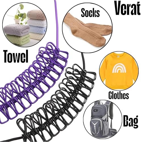 VERAT 1 Piece Cloth Drying Rope/Elastic Rope with Hook/12 Clip Elastic Hanging Rope/Stretchable/Clothesline/Portable Cloth Dryer/Kapde Sukhane Ki Rassi/Travel Home Outdoor(Multicolour), Red - Image 3