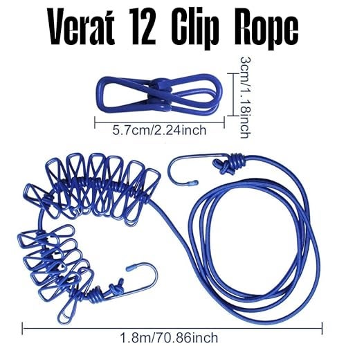 VERAT 1 Piece Cloth Drying Rope/Elastic Rope with Hook/12 Clip Elastic Hanging Rope/Stretchable/Clothesline/Portable Cloth Dryer/Kapde Sukhane Ki Rassi/Travel Home Outdoor(Multicolour), Red - Image 2