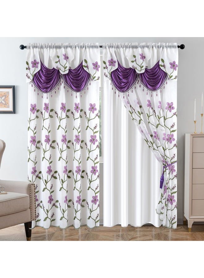 Petrichor Embroidery Sheer Curtain 2 Panels Set - Luxury Window Curtain Attached Valance with Satin Backing and 2 Tie Backs for Living Room,Dining Room, 54x63 inches,Lavender - Image 1
